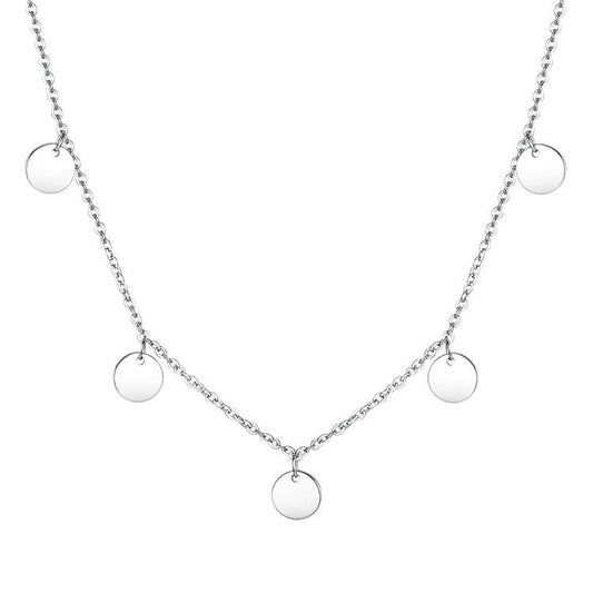 Silberne Halskette mit runden Anhängern, elegantes Schmuckdesign, modisches Accessoire.