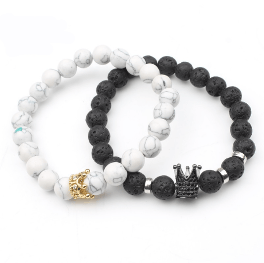 Schwarzes und weißes Partnerarmband-Set mit Krone, Obsidian und Howlith, Geschenkidee.