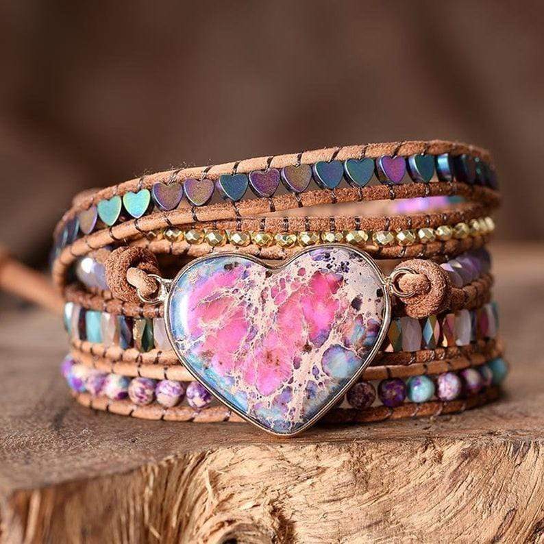 Boho Wickelarmband mit Herzanhänger, Jaspis, handgemacht, mehrfarbig, Leder, Damen Schmuck.