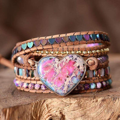 Boho Wickelarmband mit Herzanhänger, Jaspis, handgemacht, mehrfarbig, Leder, Damen Schmuck.