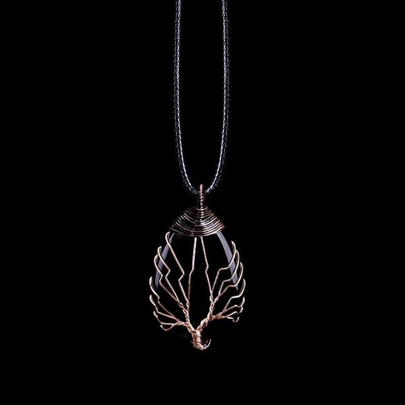 Handgemachte Obsidian Tropfen Halskette, Boho-Stil, schwarzes Lederband, Kupferdraht.