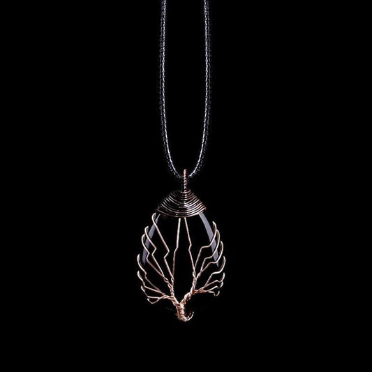 Handgemachte Obsidian Tropfen Halskette, Boho-Stil, schwarzes Lederband, Kupferdraht.