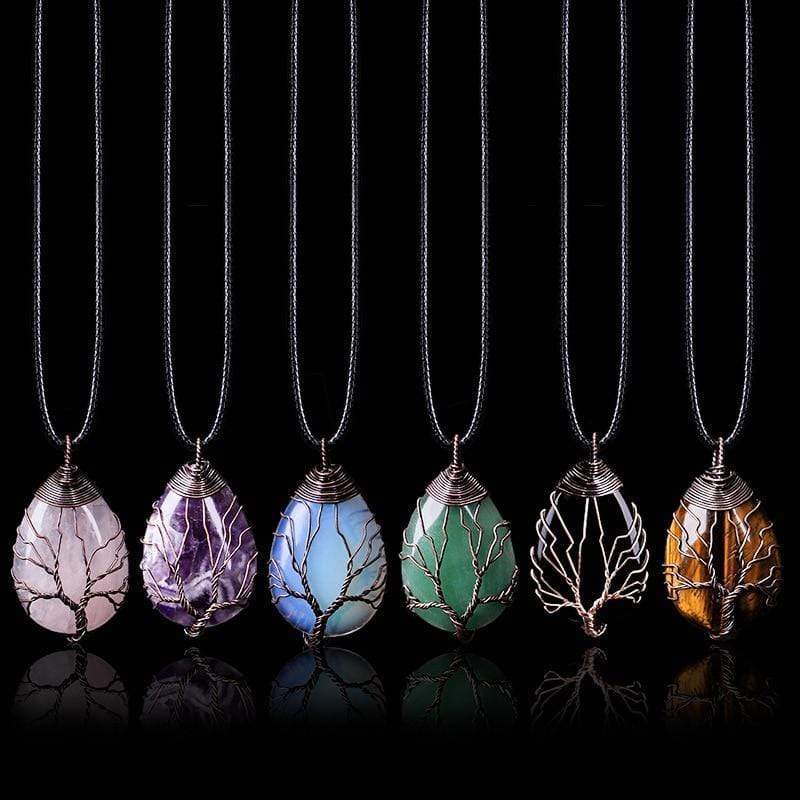 Handgemachte Boho-Halsketten mit Rosenquarz, Amethyst, Opal, Aventurin, Tigerauge, Silberdraht.
