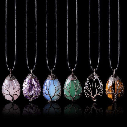Handgemachte Boho-Halsketten mit Rosenquarz, Amethyst, Opal, Aventurin, Tigerauge, Silberdraht.
