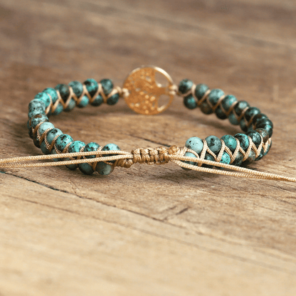 Boho-Armband aus afrikanischem Jaspis, handgefertigt, Baum des Lebens, grün-gold, Schmuck.