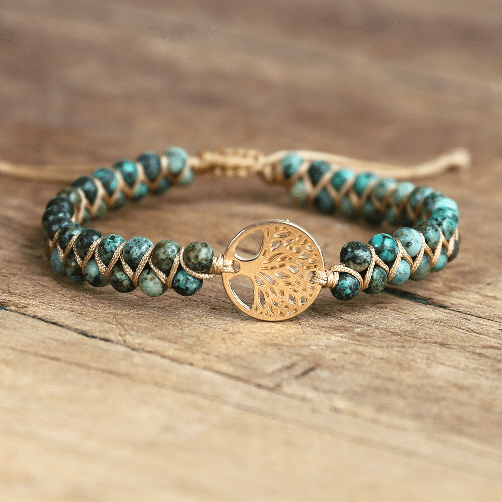 Baum des Lebens Armband, afrikanischer Jaspis, handgefertigt, Boho-Stil, grün-braun.