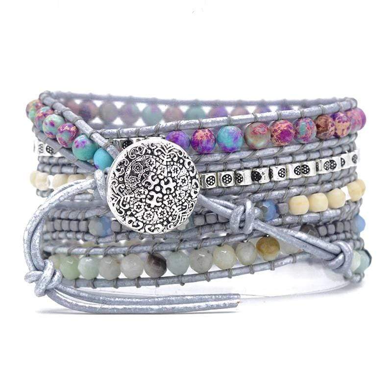Handgemachtes Boho-Wickelarmband mit Kaiserjaspis, bunte Perlen, silberner Verschluss.