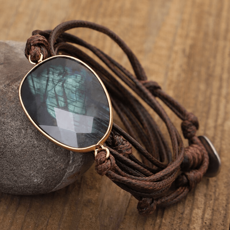 Handgemachtes Wickelarmband mit Labradorit, braunes Seil, Boho-Stil, Schmuck für Damen.