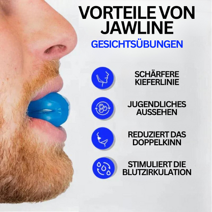 Mann mit blauem Kiefertrainer, Gesichtsübungen, schärfere Kieferlinie, Anti-Doppelkinn.