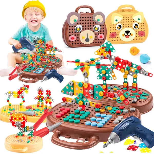 Kinderspielzeug Bauset mit Bohrmaschine, bunte Bausteine, Tiermotive, Lernspielzeug, kreativ