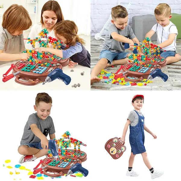 Kinder-Bauset mit Bohrmaschine, bunten Schrauben und Werkzeugkoffer, pädagogisches Spielzeug.