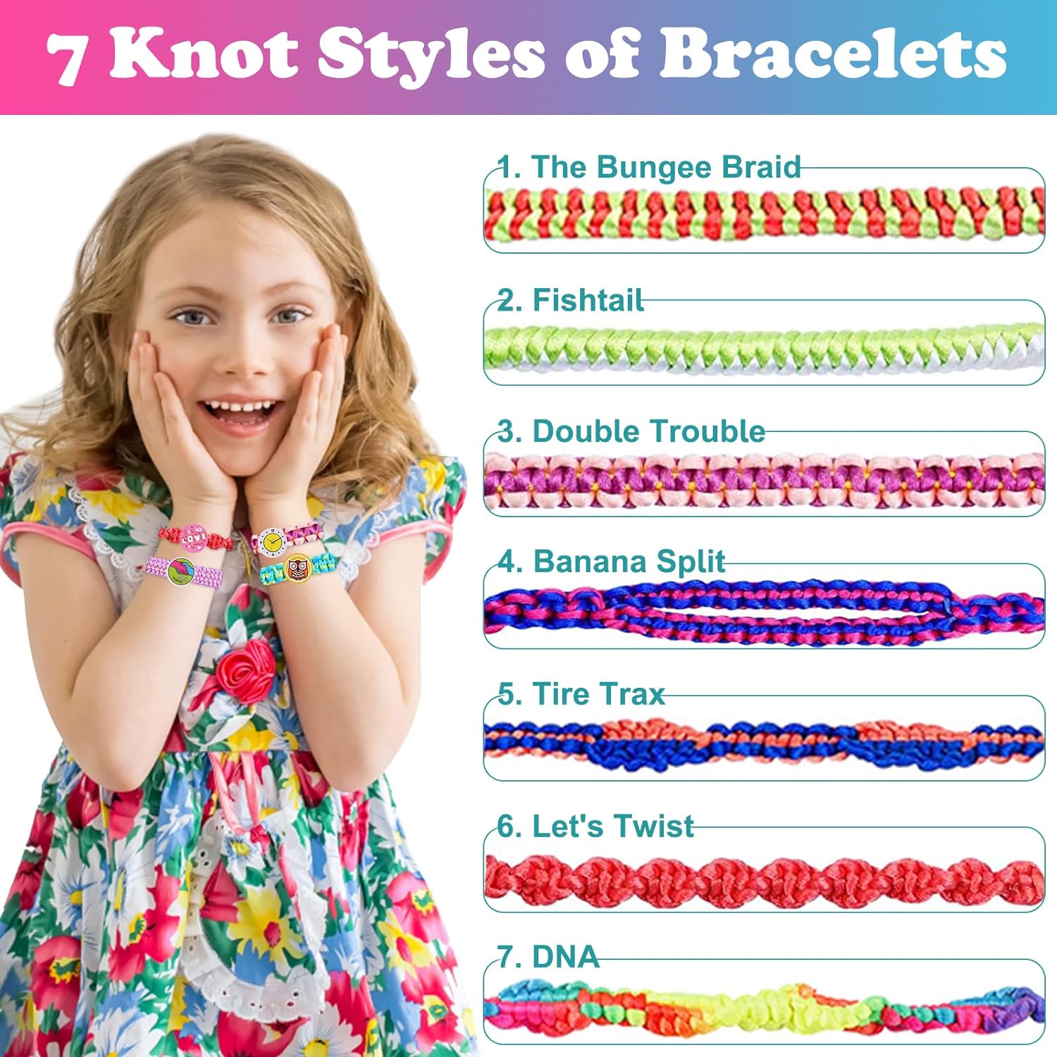 Mädchen mit buntem DIY-Flechtset, 7 Armband-Stile, Kinder-Bastelset, farbenfrohe Designs.