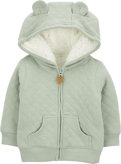 Grüne Baby-Kapuzenjacke mit Ohren, gesteppter Stoff, Reißverschluss, weiches Futter.