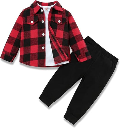 Rot-schwarzes kariertes Kinderhemd mit schwarzer Hose, Baumwolle, Herbstmode-Set.