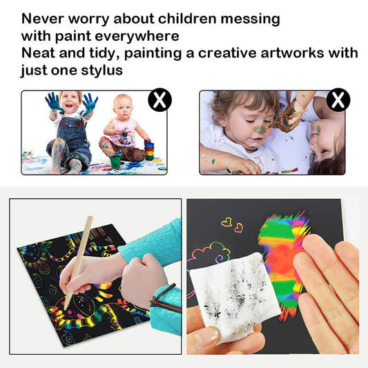 Kinder malen mit Kratzbildern, sauber und kreativ, ohne Unordnung, mit Stylus und Regenbogenfarben.