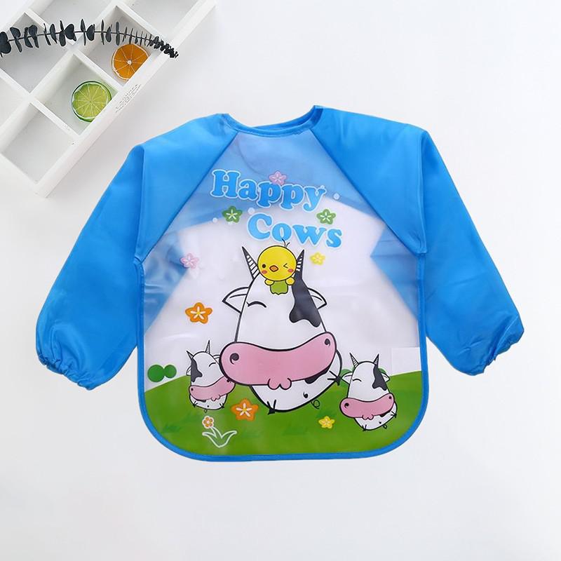 Blauer Kinder-Lätzchen mit Kuh-Design, wasserdicht, langärmelig, für Mahlzeiten.