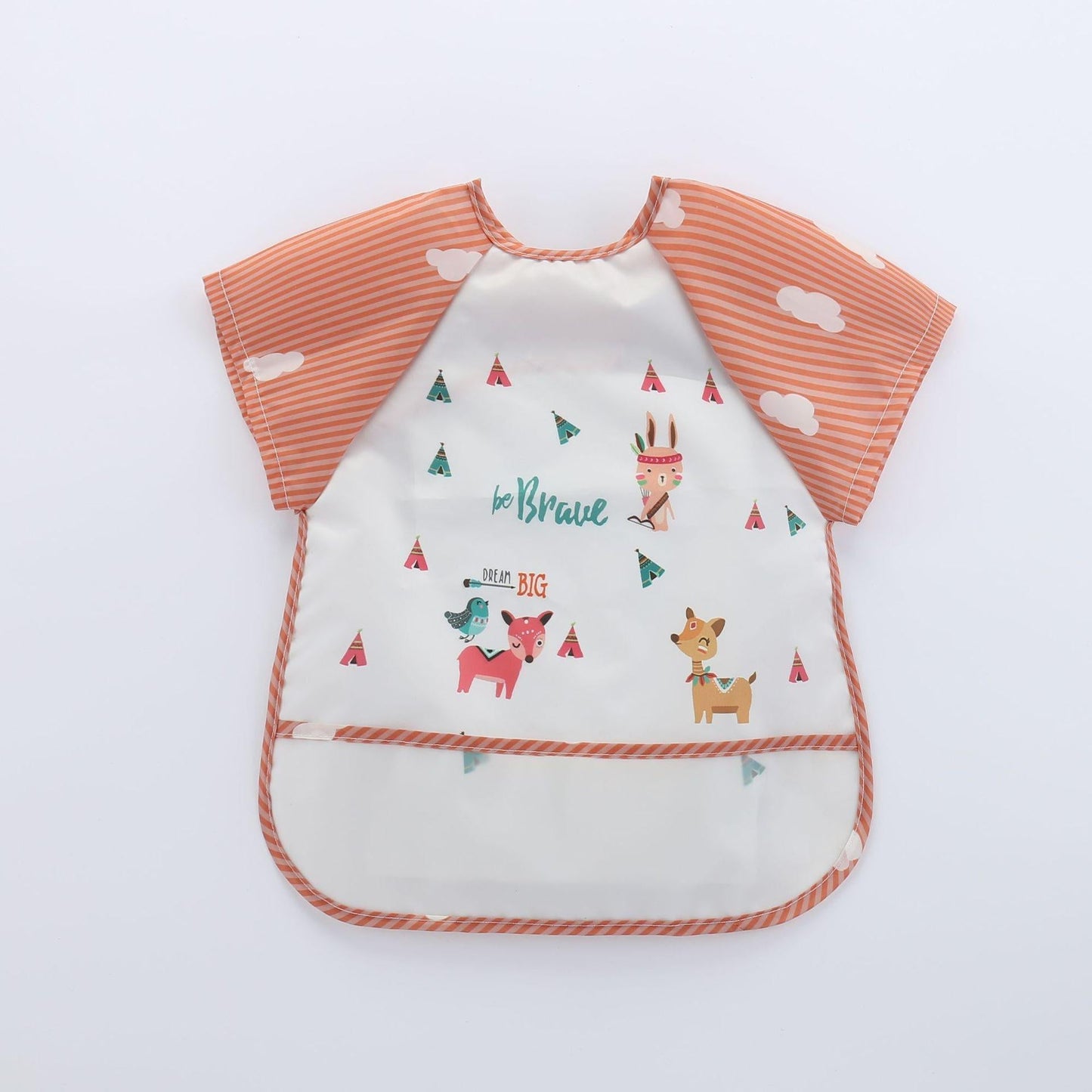 Orange-weißes Kinder-Lätzchen mit Tiermotiven, Wolkenmuster und Schriftzug "be Brave".