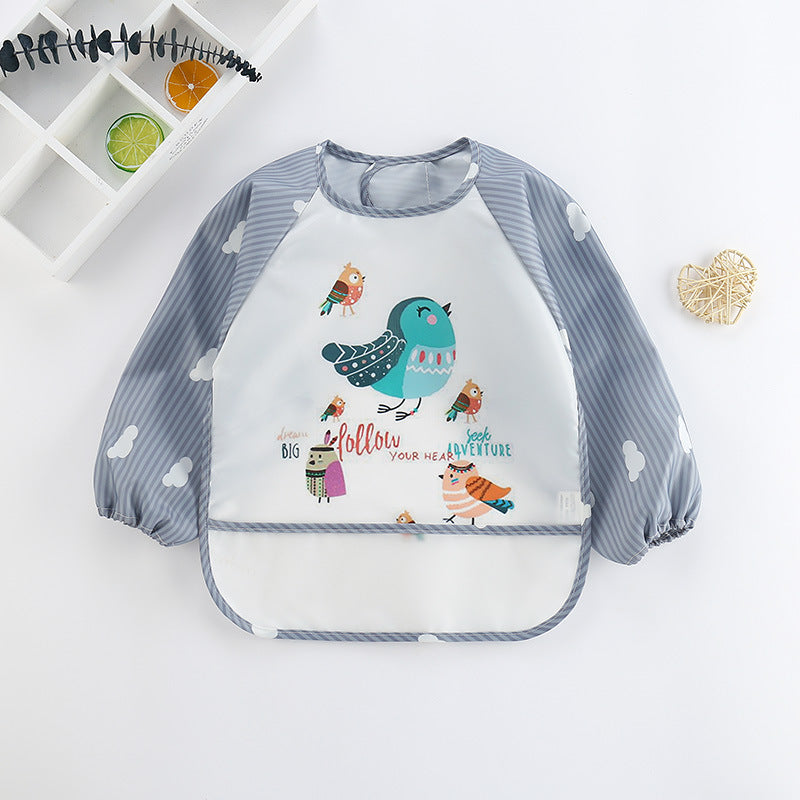 Grauer Kinder-Lätzchen mit Vogelmotiv, wasserdicht, langärmelig, für Kleinkinder.