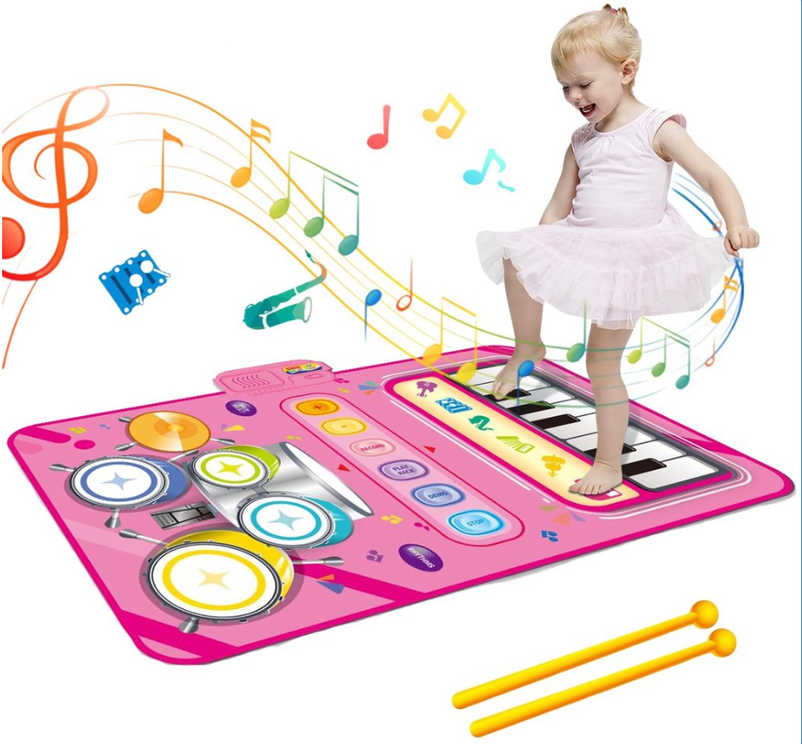 Kinderspielmatte Musik Klavier rosa, tanzendes Mädchen, bunte Noten, interaktives Spielzeug.