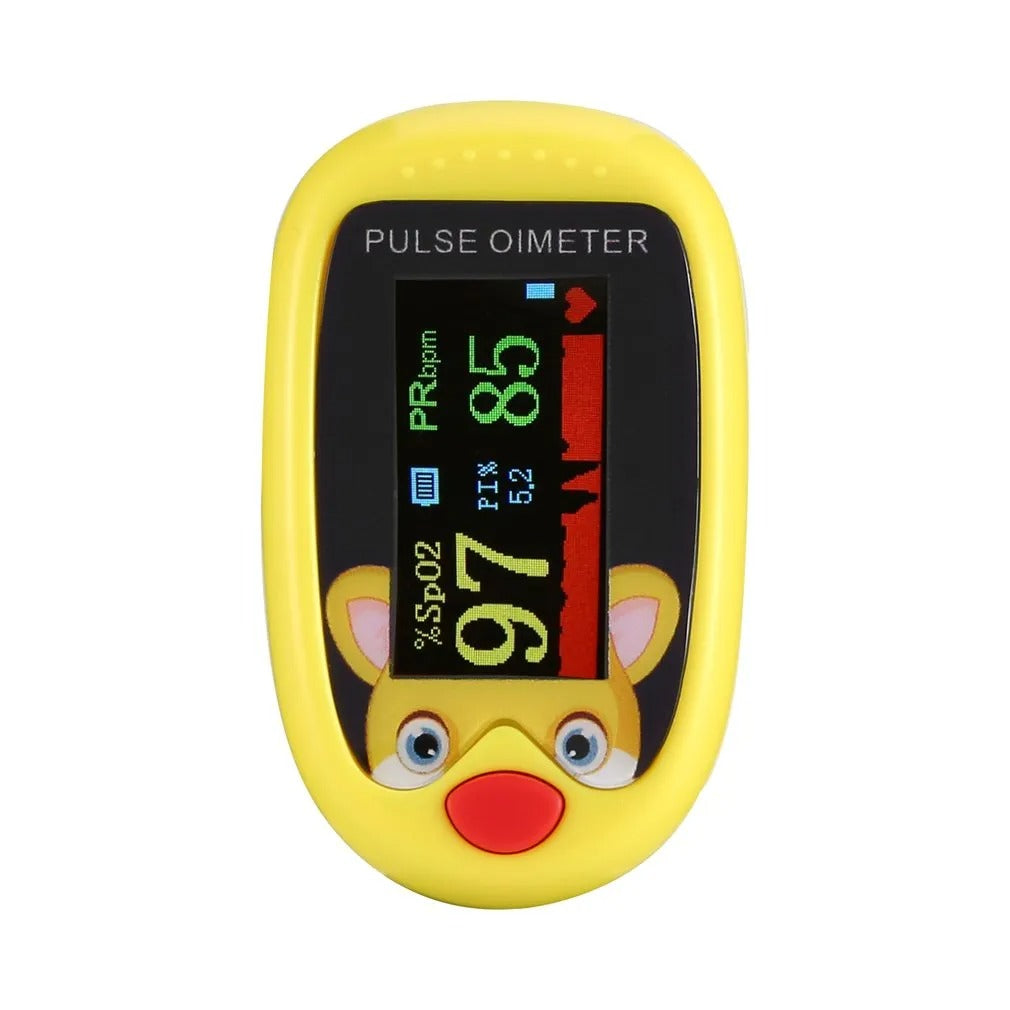 Gelber Kinder-Pulsoximeter mit Tiermotiv, zeigt SpO2 und Pulsfrequenz auf digitalem Display.