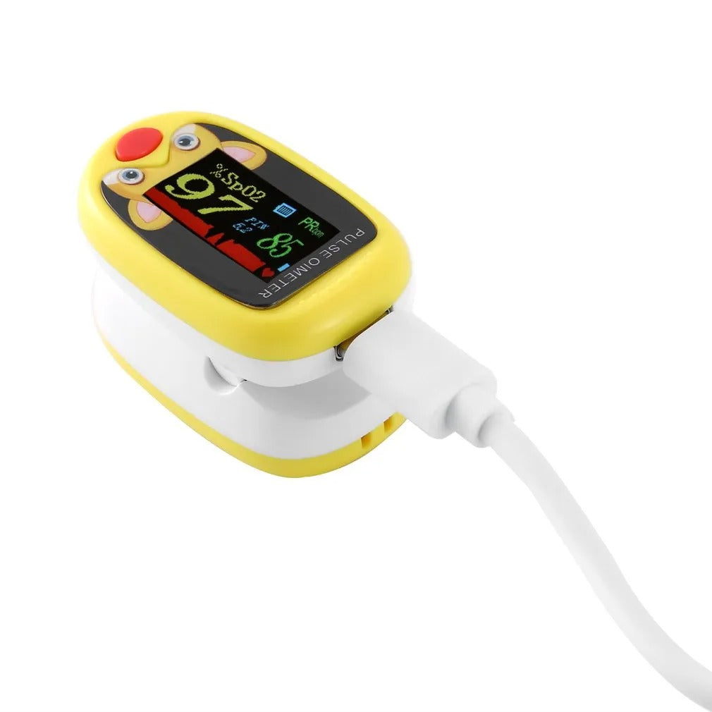 Gelbes Fingerpulsoximeter mit Kabel, OLED-Display, misst Sauerstoffsättigung und Pulsfrequenz.
