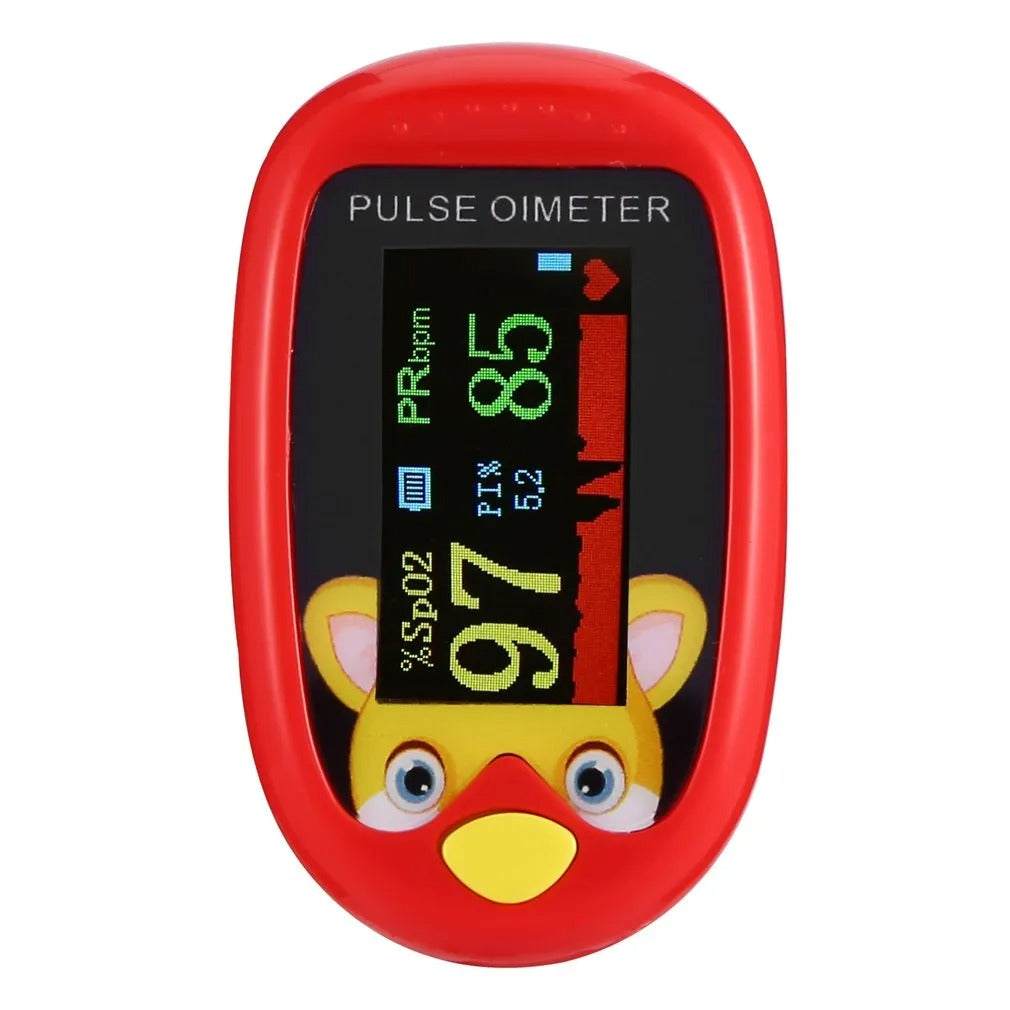 Rotes Kinder-Pulsoximeter mit Tiermotiv, OLED-Display, Sauerstoffsättigung, Herzfrequenzmesser.