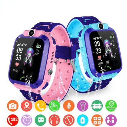 Zwei wasserdichte Kinder-Smartwatches, rosa und blau, mit Kamera und Touchscreen.