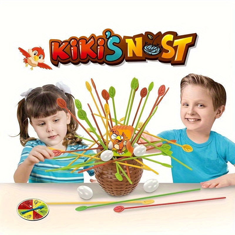 Kinder spielen Kiki's Nest Spiel, bunte Stäbchen, Eier, Geschicklichkeitsspiel, Spaß, Familie.