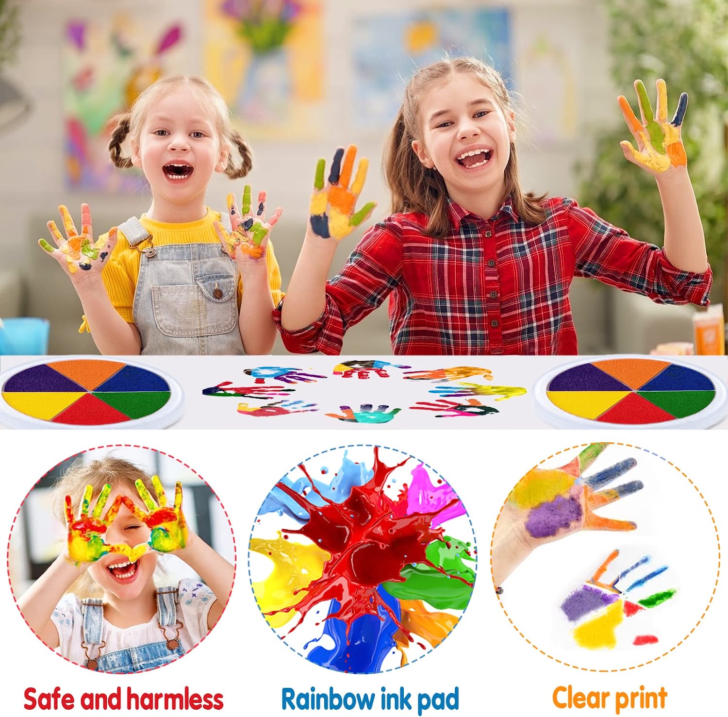 Kinder mit bunten Händen, Fingerfarben-Set, sicher und ungiftig, kreative Malaktivität.