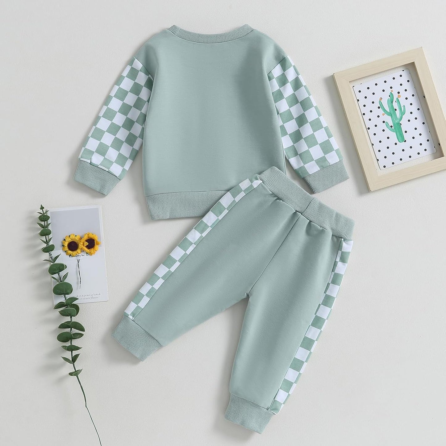 Grüner Kinder-Trainingsanzug mit Karomuster, Baumwolle, Langarm, Freizeitmode, Babybekleidung.