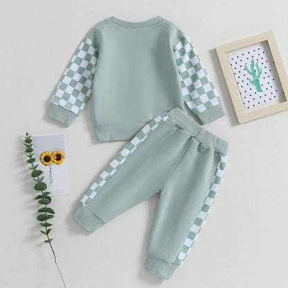 Grüner Kinder-Trainingsanzug mit Karomuster, Baumwolle, Langarm, Freizeitmode, Babybekleidung.