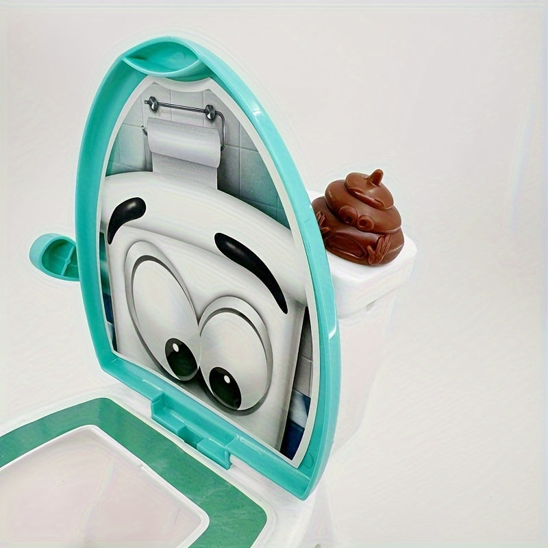 Spielzeug-Toilette mit lustigem Gesicht und braunem Kackhaufen, Kinderbadezimmer-Spielzeug.