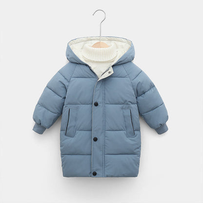 Blaue Kinderparka mit Kapuze, gesteppte Winterjacke, warm, modisch, für Jungen und Mädchen.
