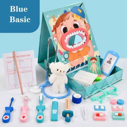 Blaues Arztspielzeug-Set für Kinder, mit Stethoskop, Spritze, Brille und Plüschtier.