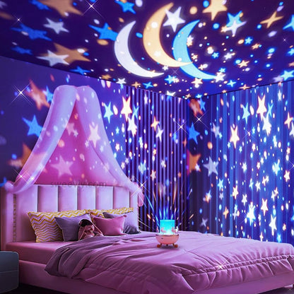 Sternenhimmel Projektor im Kinderzimmer, lila Dekor, LED Nachtlicht, Mond und Sterne Projektion.