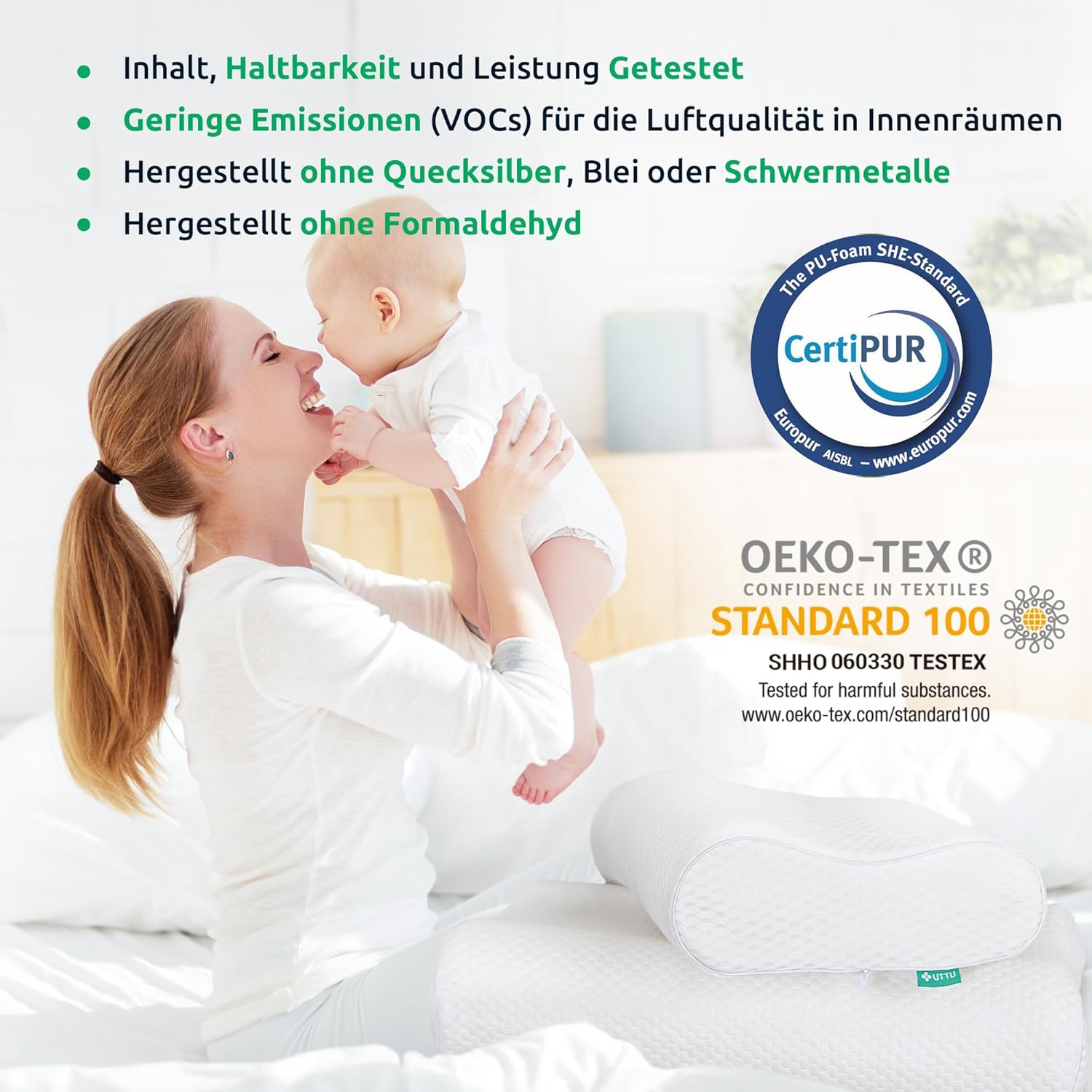 Weiße ergonomische Nackenstützkissen, CertiPUR zertifiziert, hypoallergen, ideal für Seitenschläfer.