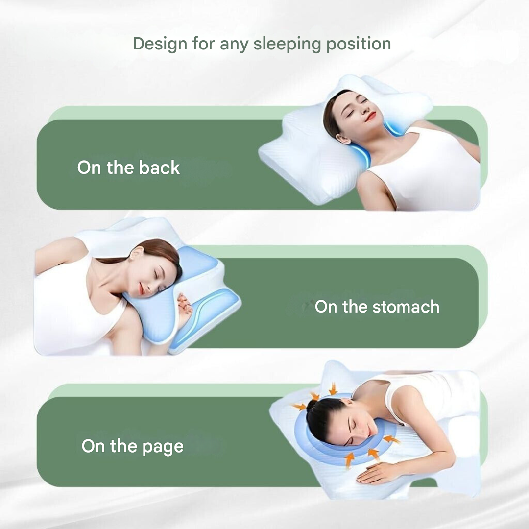 Orthopädisches Kissen für alle Schlafpositionen, ergonomisch, weiß, blau, Komfort, Unterstützung.