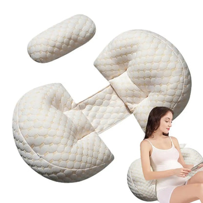 Schwangerschaftskissen, ergonomisch, beige, gesteppt, für Seitenschläfer, Komfort und Unterstützung.