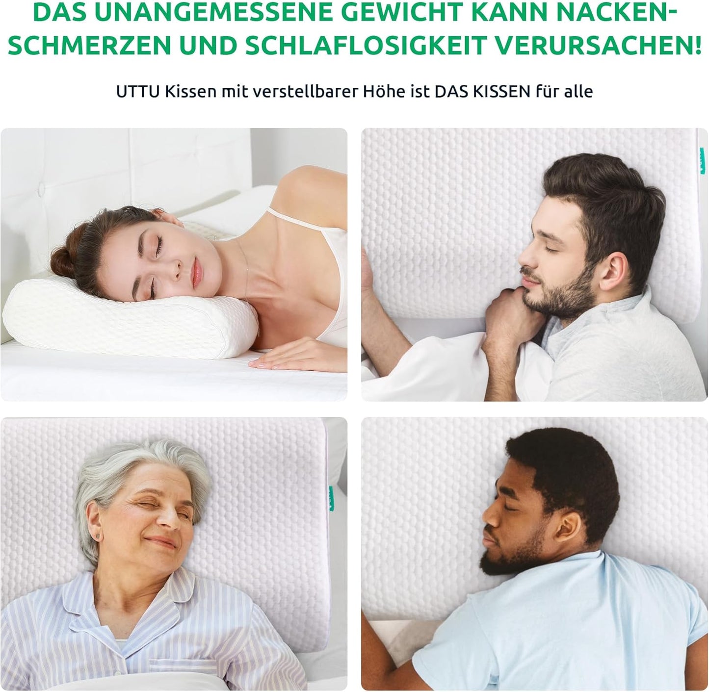 Vier Personen schlafen auf verstellbaren UTTU Kissen, weiß, ergonomisch, für Nackenunterstützung.