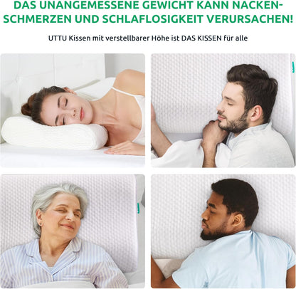 Vier Personen schlafen auf verstellbaren UTTU Kissen, weiß, ergonomisch, für Nackenunterstützung.