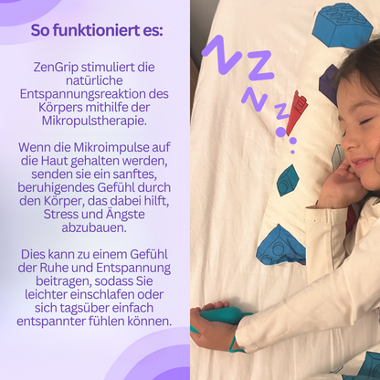 Mädchen schläft mit ZenGrip-Kissen, Mikropulstherapie, Entspannung, Stressabbau, weißes Bett.