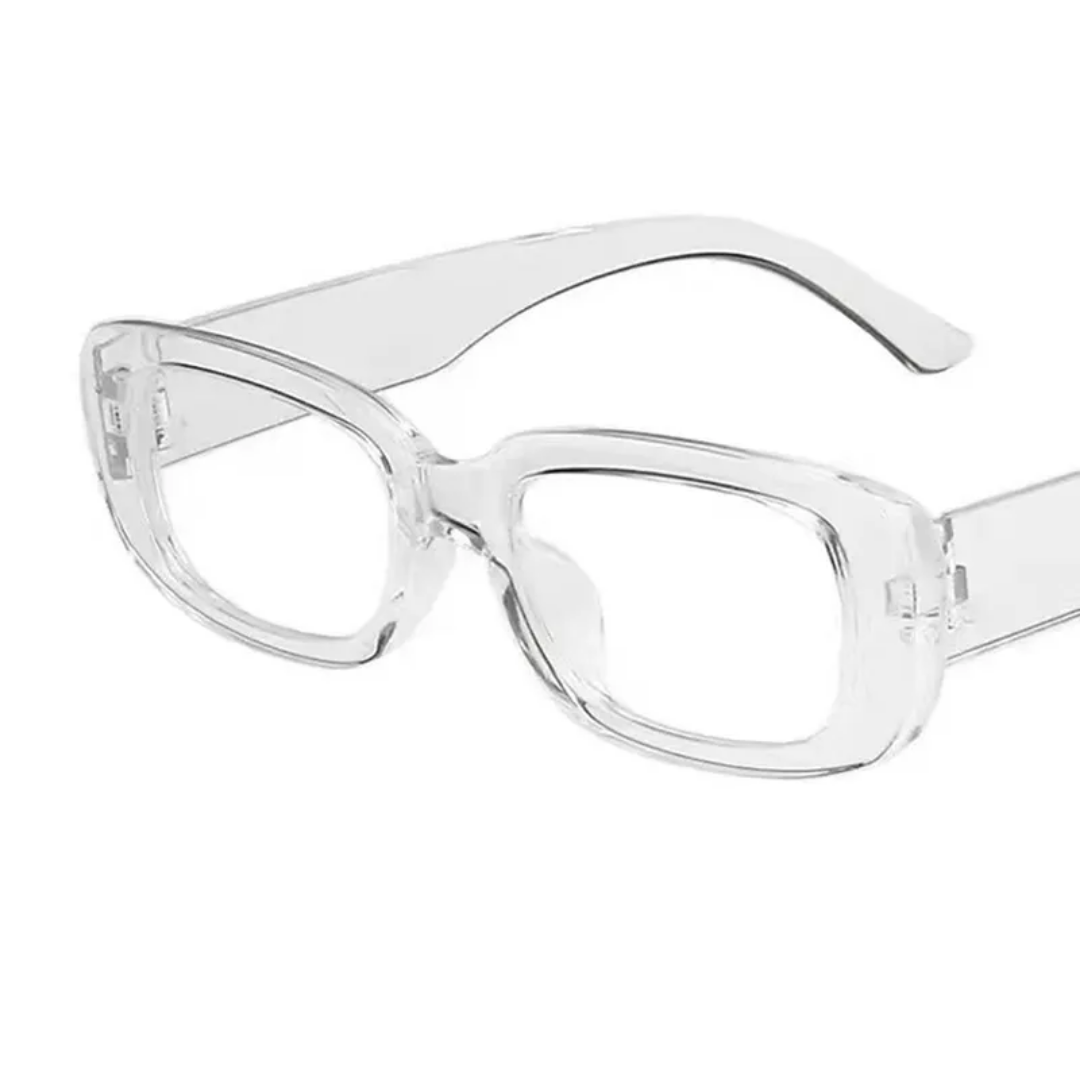 Transparente, rechteckige Brille aus Kunststoff, modisches Accessoire, unisex, klar.