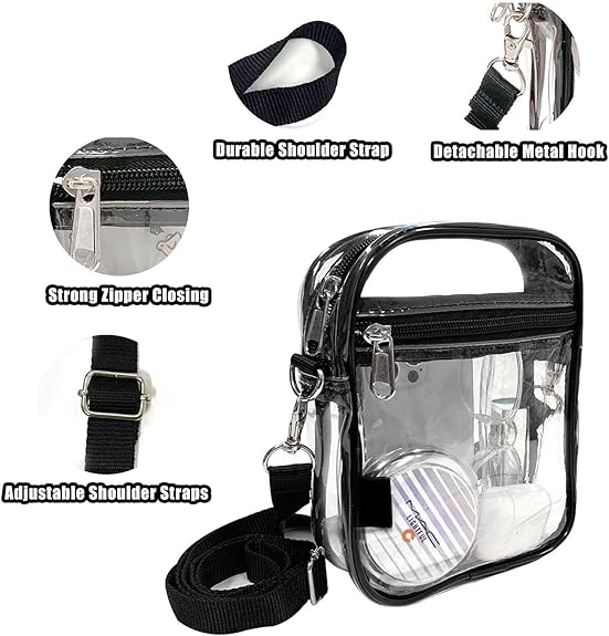 Transparente Umhängetasche aus PVC mit verstellbarem Schultergurt und robustem Reißverschluss.