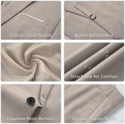 Beige Herrenanzug mit klassischer Brusttasche, weichem Innenfutter, elastischem Bund, Harzknöpfen.