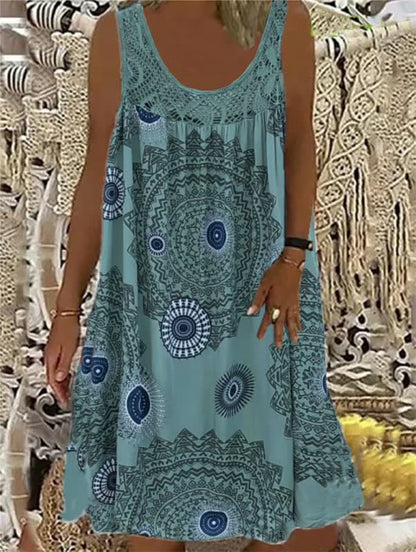 Damen Sommerkleid, ärmellos, türkis, Mandala-Muster, Freizeitmode, Baumwolle.