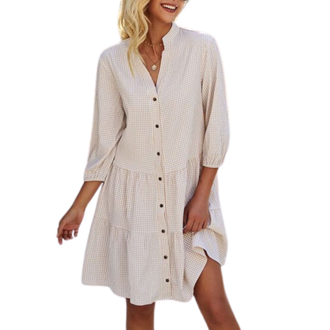 Damen Sommerkleid kariert, beige, Knopfleiste, 3/4-Ärmel, Freizeitmode, Baumwolle.