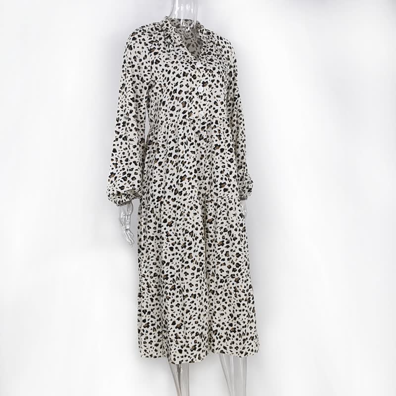 Leopardenmuster Kleid Damen, langärmelig, weiß-schwarz, modisch, Freizeitkleidung.