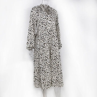 Leopardenmuster Kleid Damen, langärmelig, weiß-schwarz, modisch, Freizeitkleidung.