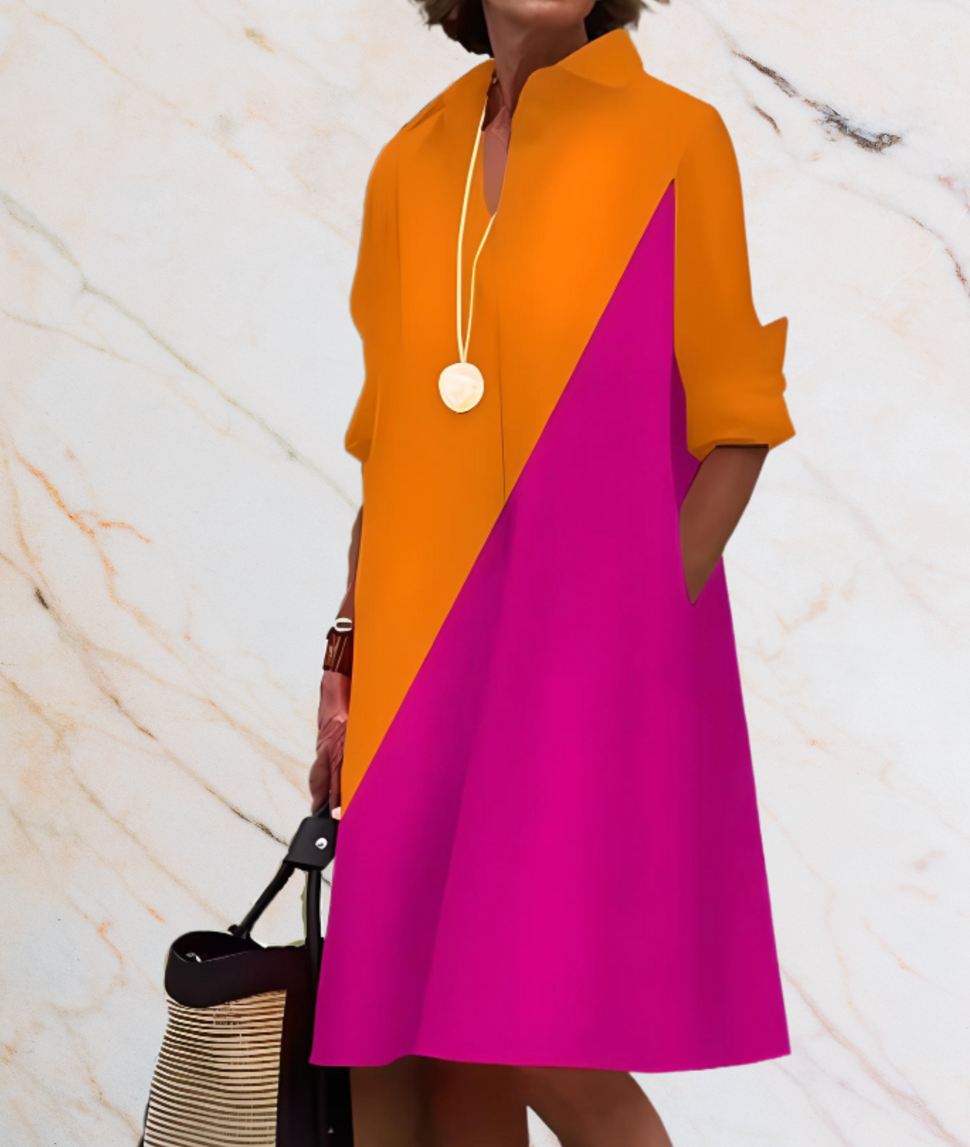 Frau in orange-pinkem Kleid mit Tasche vor Marmorwand, modisch, elegant, Sommerkleidung.