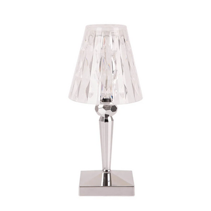 Kristall-Tischlampe, transparent, modern, elegantes Design, ideal für Wohnzimmer oder Büro.